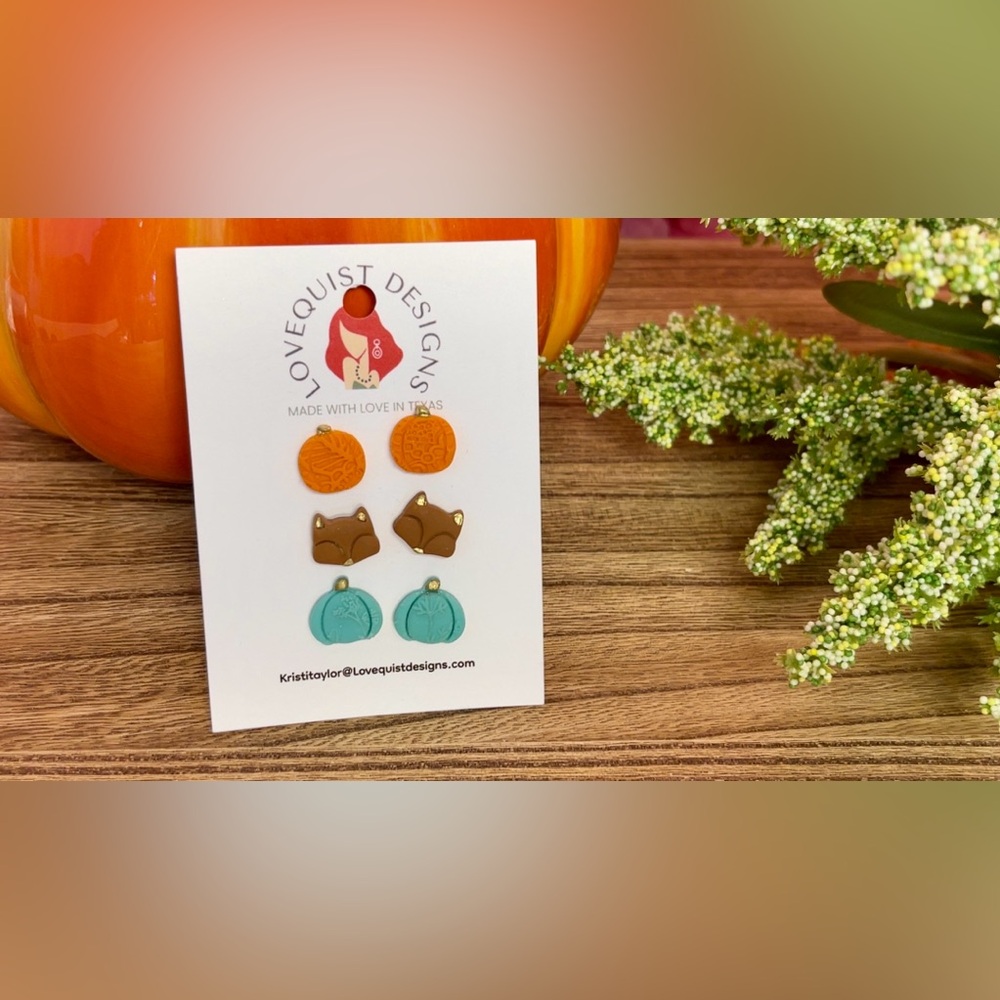 Artisan Crafted Autumn Pumpkin Fox 🦊 Earring Stud Trio